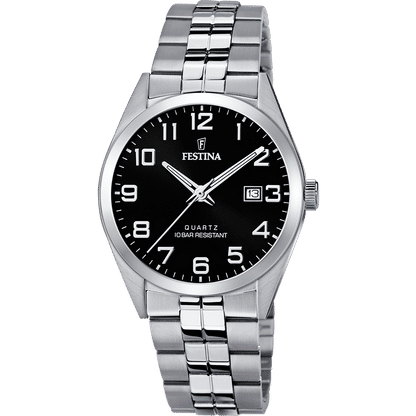 Analoge Herrenarmbanduhr Festina mit schwarzem Zifferblatt und Edelstahlarmband, Dornschließe
