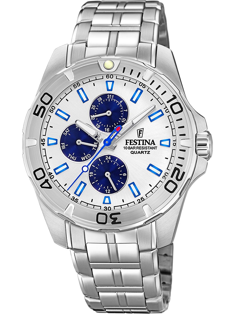 Herrenarmbanduhr Festina mit silbernem Metallband und blauem Zifferblatt, Chrono-Subdials