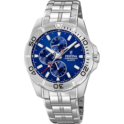 Festina Herrenuhr mit blauem Zifferblatt, Stahlarmband und runden Chrono-Totalisatoren