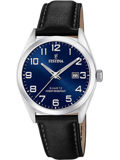 Herrenarmbanduhr Festina mit blauem Zifferblatt, silbernem Gehäuse und schwarzem Lederband