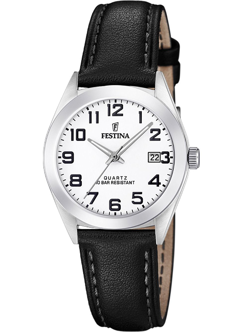 Damenarmbanduhr mit weißem Zifferblatt, schwarzem Lederarmband und silberner Lünette