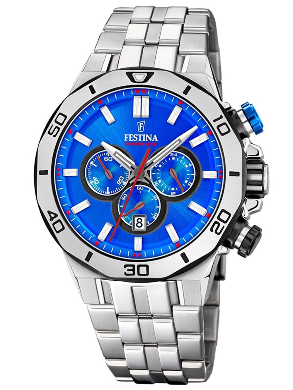 Herren-Chronograph Festina Uhr mit blauem Zifferblatt, Metallband und Drückern