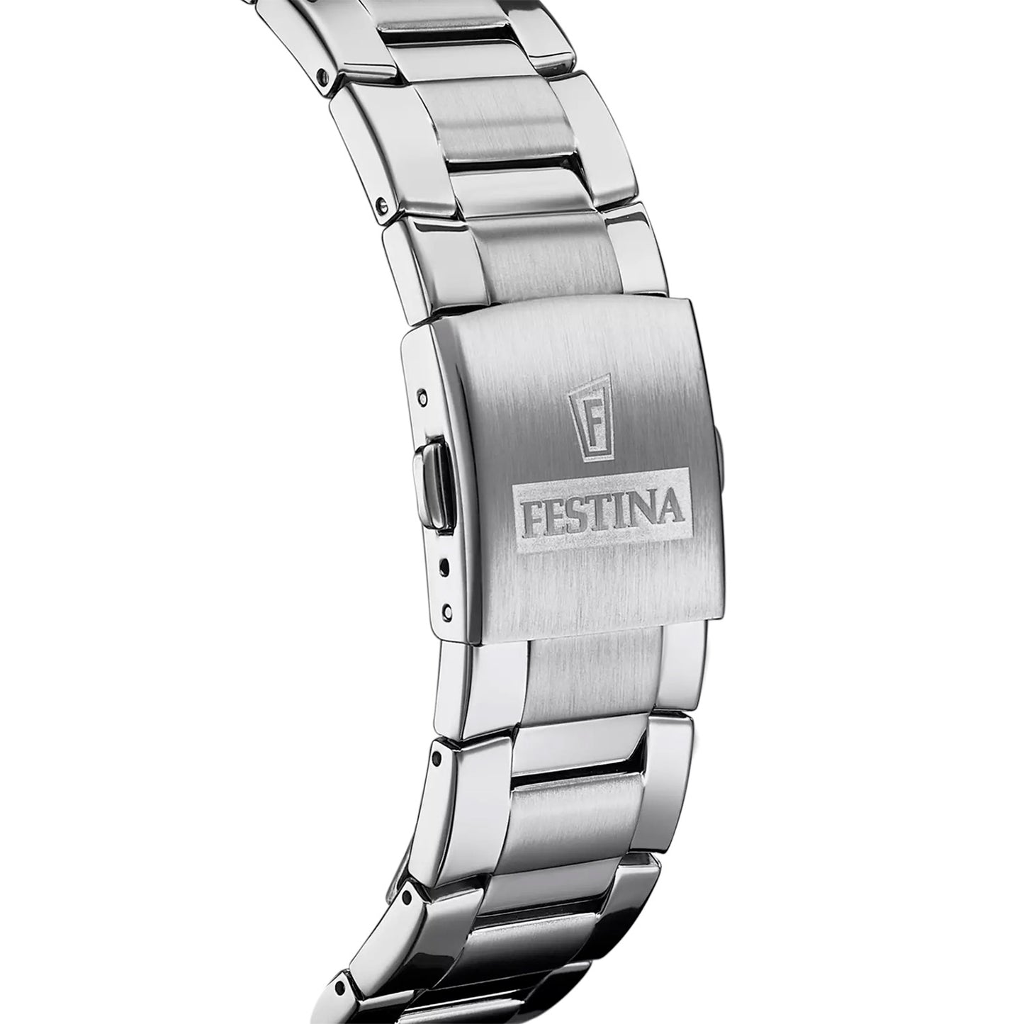 Edelstahlarmband der Festina-Herrenuhr mit Schließe und eingraviertem Schriftzug