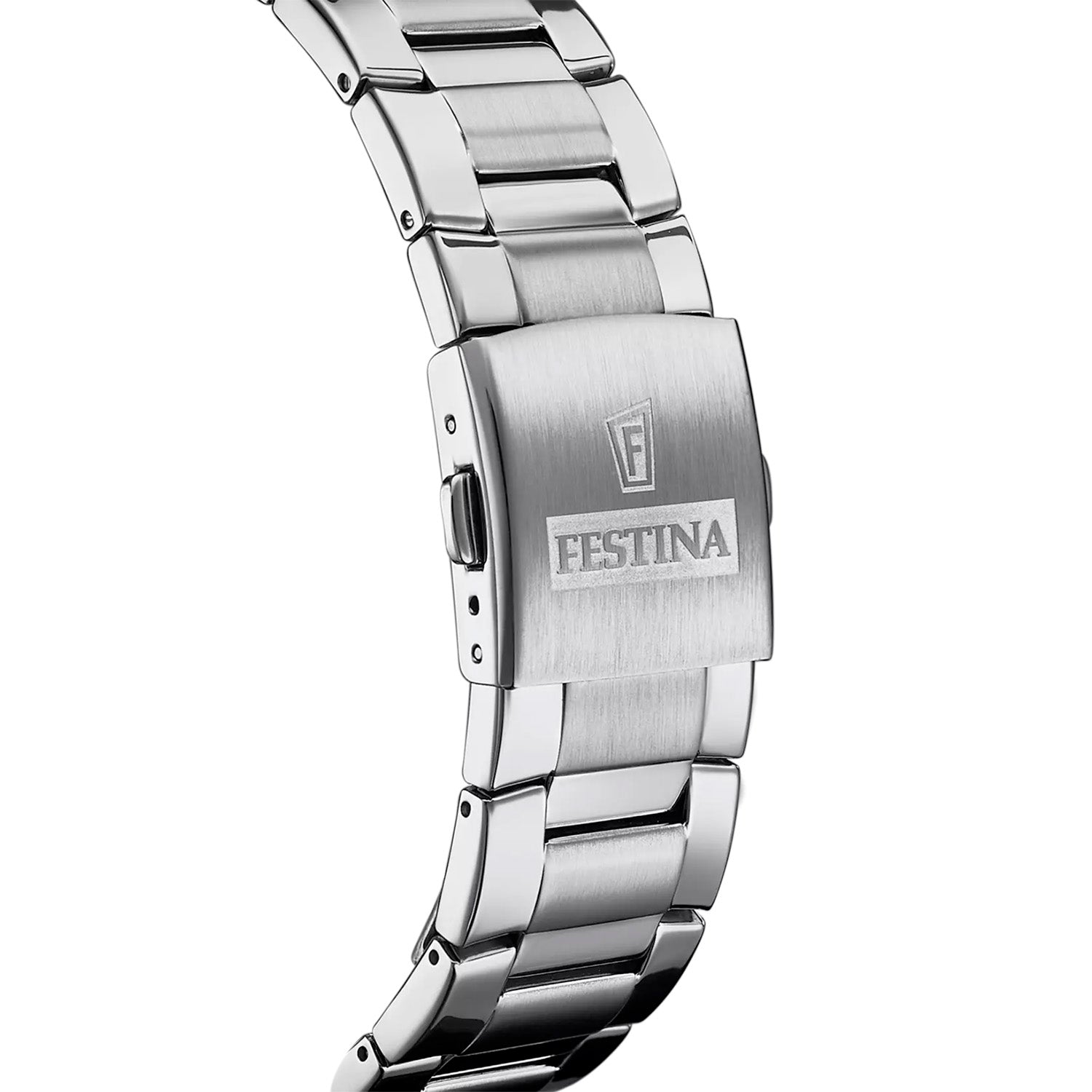 Edelstahlarmband der Festina-Herrenuhr mit Schließe und eingraviertem Schriftzug