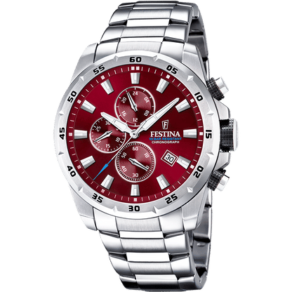 Festina Chronograph Herrenuhr, Edelstahlarmband, rotes Zifferblatt mit Chronographenzählern