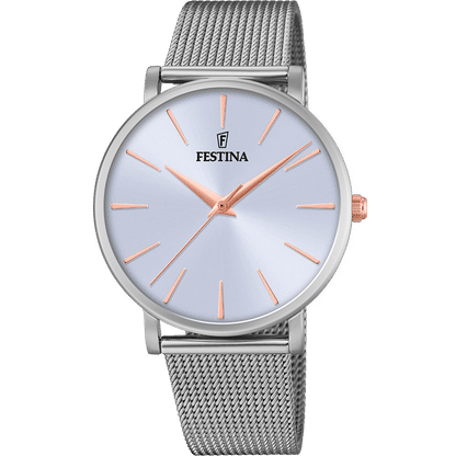 Festina Damenuhr mit blauem Zifferblatt, orange Zeigern und silbernem Edelstahl-Meshband