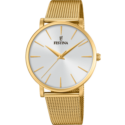 Festina Damenuhr mit rundem weißem Zifferblatt und goldfarbenem Mesh-Armband, Quarzwerk