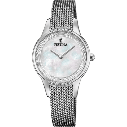Festina Damenuhr mit silbernem Edelstahl-Mesharmband und weiß schimmerndem Zifferblatt