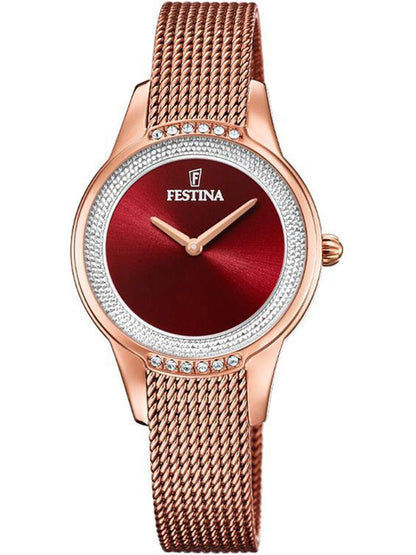 Festina Mademoiselle Damenuhr mit rotem Zifferblatt, Zirkonia-Lünette und Mesh-Armband