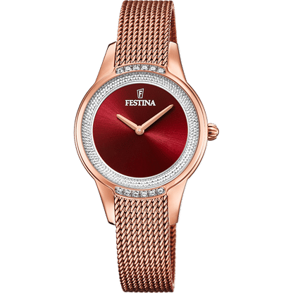 Festina Damenuhr mit rotem Zifferblatt, Zirkonia-Lünette und Metall-Meshband.