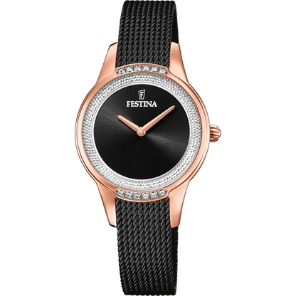 Festina Damenuhr mit schwarzem Zifferblatt, Zirkonia-Lünette und schwarzem Metallband