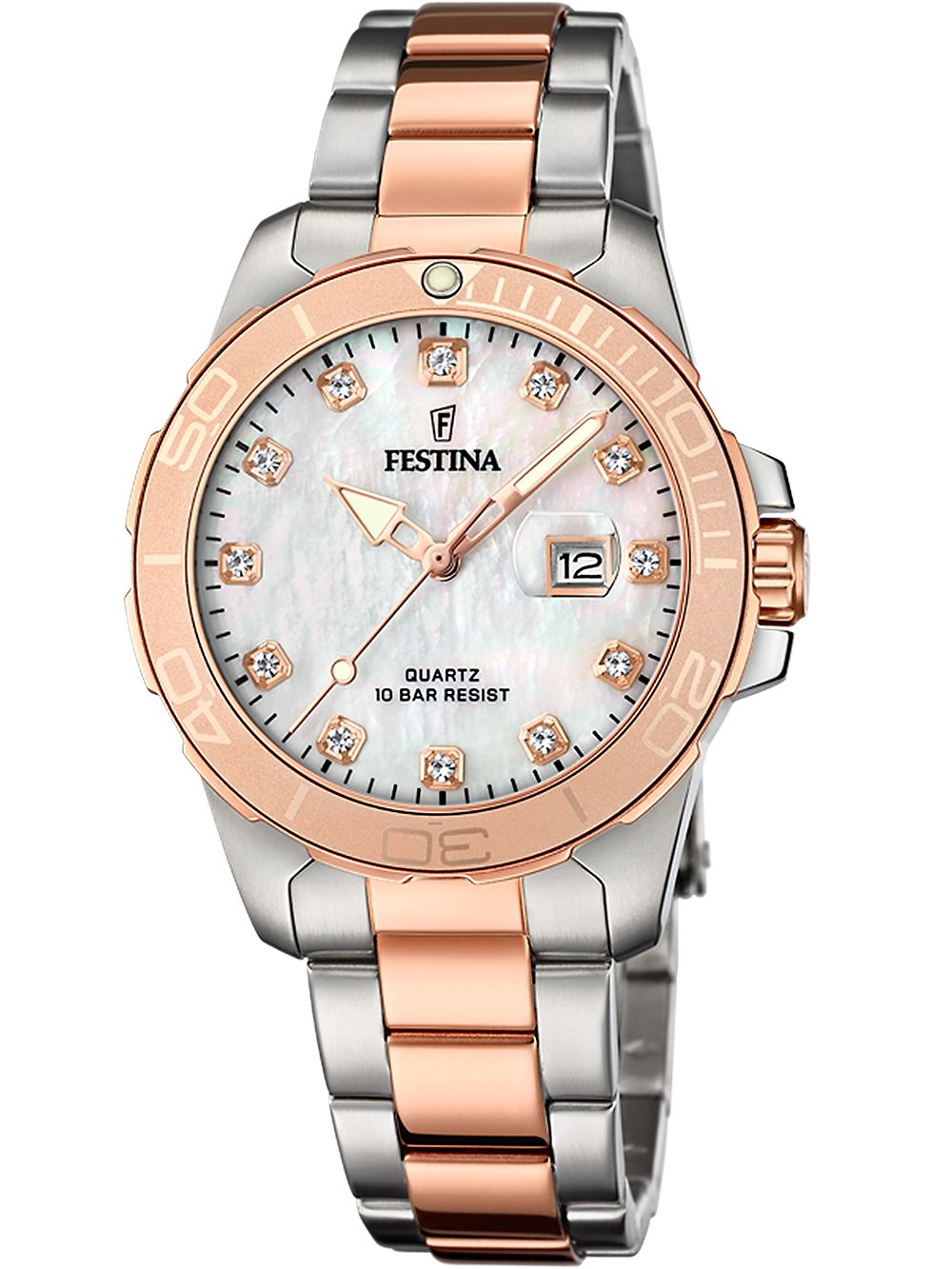 Festina Damenuhr Boyfriend bicolor mit Perlmutt-Zifferblatt, Datumsanzeige, Mineralglas