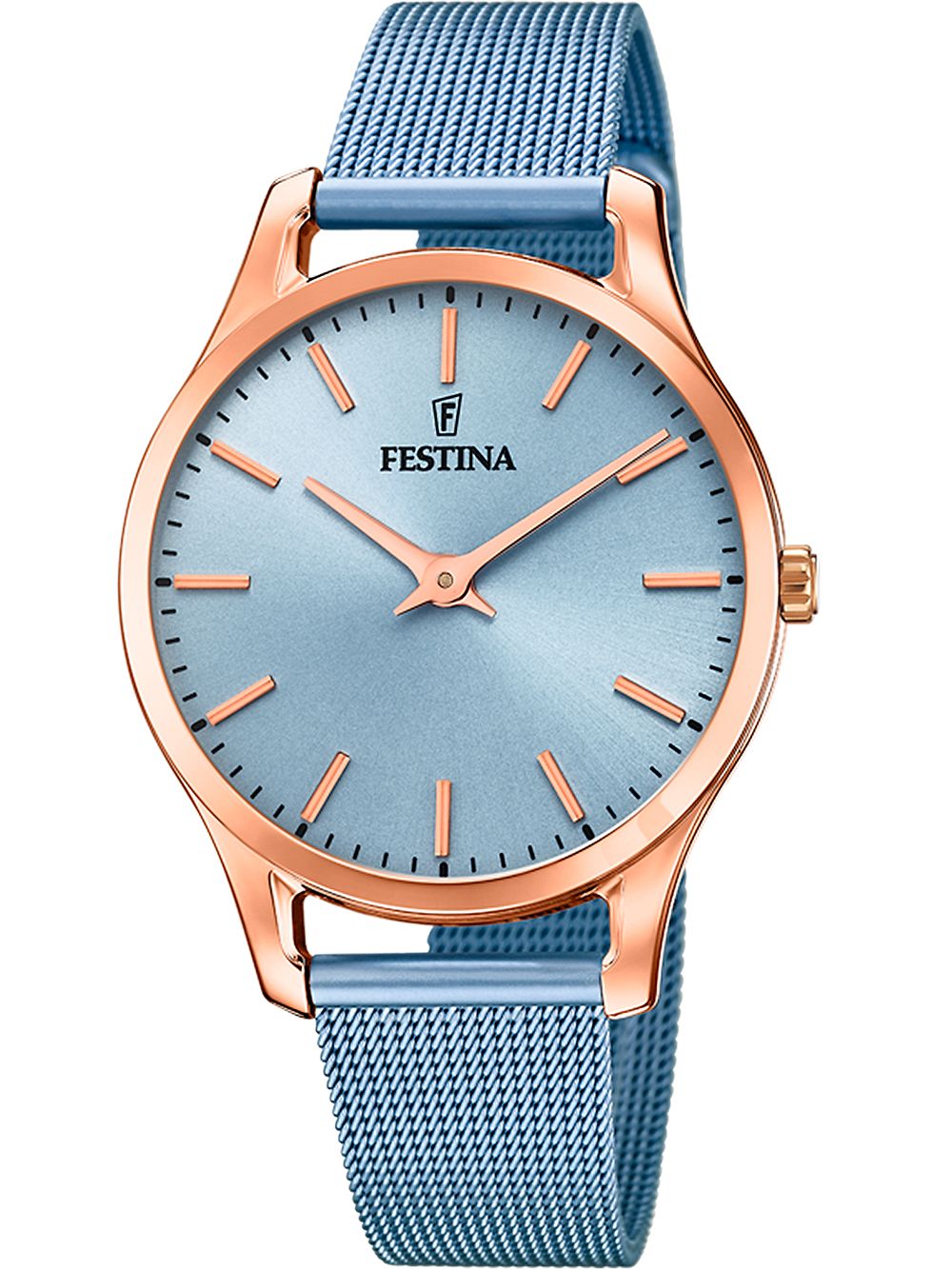 Damenuhr mit blauem Milanaise-Armband, roségoldenem Gehäuse und blauem Zifferblatt