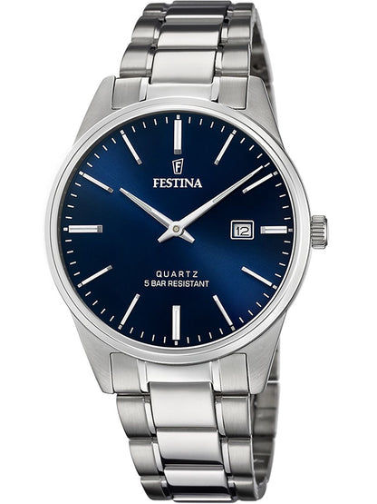 Herrenarmbanduhr Festina mit blauem Zifferblatt, Stahlschlaufband und Mineralglas