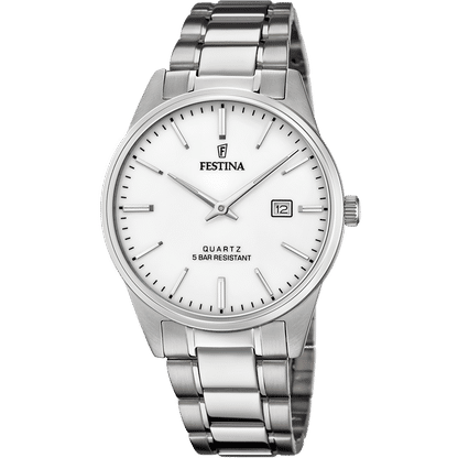Herrenuhr von Festina mit silbernem Edelstahlarmband und weißem Zifferblatt