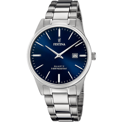 Festina Herrenarmbanduhr mit blauem Zifferblatt und Stahlarmband, Mineralglas, Datumsanzeige