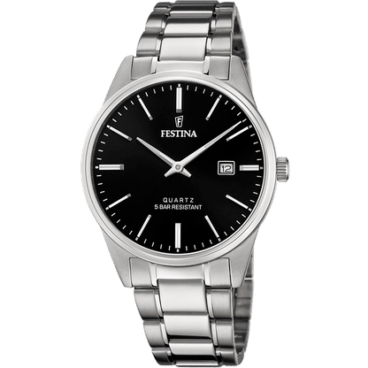 Herrenuhr mit schwarzem Zifferblatt, silbernem Metallarmband und 12-Uhr-Datum