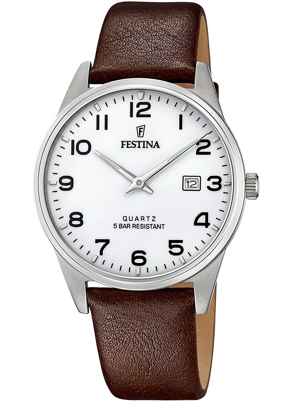 Festina Classics Herrenuhr mit weißem Zifferblatt und braunem Lederarmband, Quarz