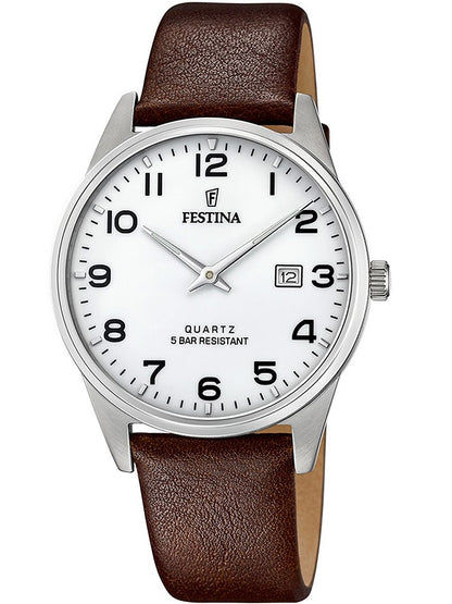 Festina Classics Herrenuhr mit weißem Zifferblatt und braunem Lederarmband, Quarz