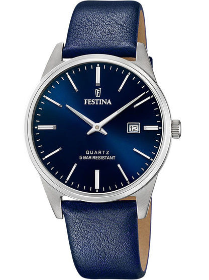Festina Herrenuhr mit blauem Zifferblatt, Lederarmband und Mineralglas