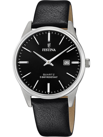 Festina Herrenarmbanduhr mit schwarzem Lederarmband, schwarzem Zifferblatt, Quarz