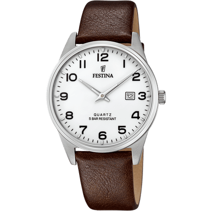 Festina Herrenarmbanduhr: weißes Zifferblatt, braunes Lederarmband