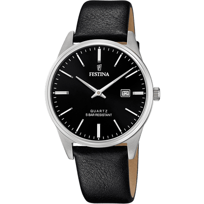 Festina Herrenuhr mit schwarzem Zifferblatt und schwarzem Lederarmband, Analog, Datum