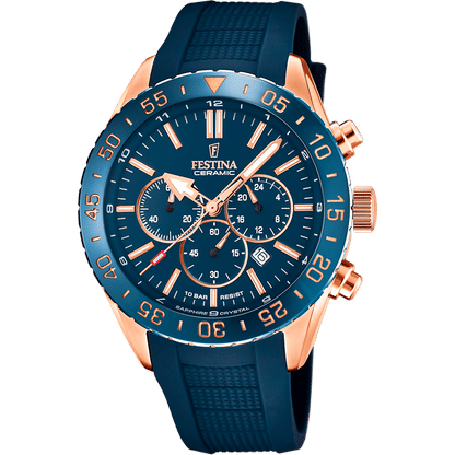 Festina Ceramic Chronograph Herrenuhr: blaues Zifferblatt, roségoldene Lünette, blaues Armband