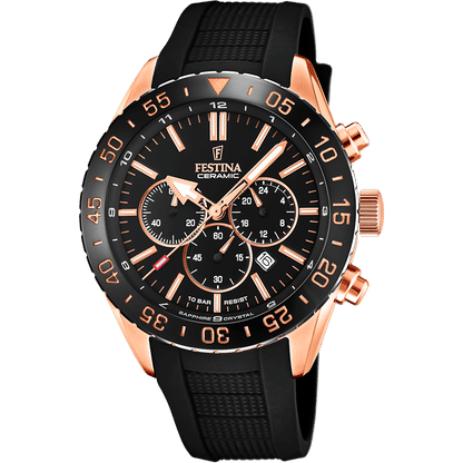 Herrenarmbanduhr Festina mit schwarzem Zifferblatt, roségoldfarbenem Gehäuse und schwarzem Armband