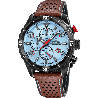 Herrenuhr mit blauem Zifferblatt, Chronograph und braunem perforiertem Lederarmband