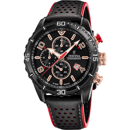 Festina Chronograph-Herrenuhr: schwarzes Zifferblatt, Stoppuhr-Subdials, schwarzes/rotes Lederband.