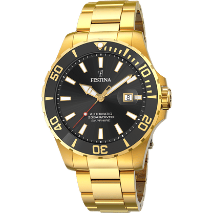 Festina Herrenarmbanduhr mit schwarzem Zifferblatt, goldener Lünette und Datumsfenster
