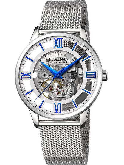Festina Herrenuhr mit silbernem Edelstahl-Meshband, blauem Zifferblatt mit römischen Zahlen
