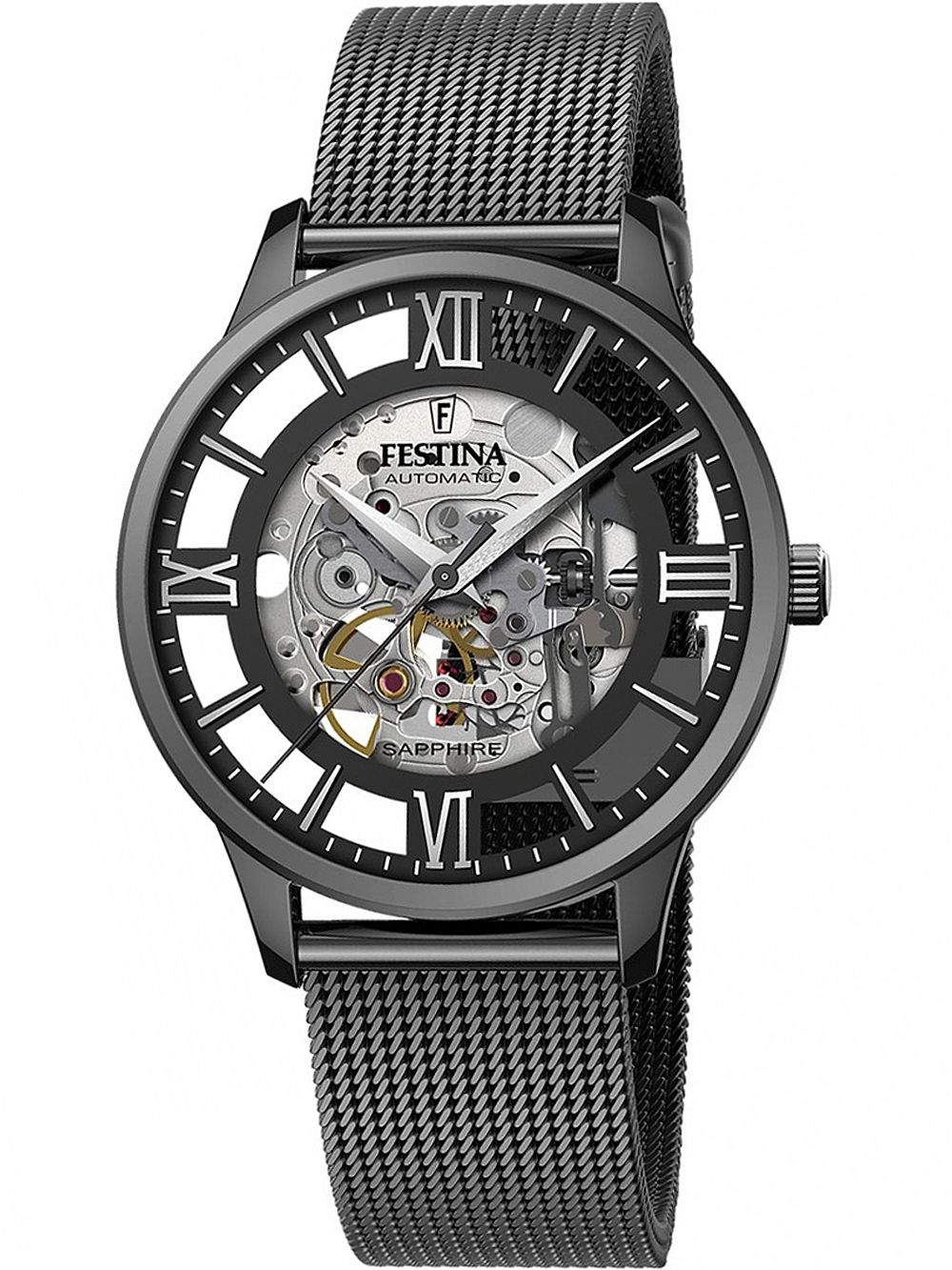 Festina Herrenuhr: schwarzes Ziffernblatt mit römischen Zahlen, Skelett-Mechanik und Mesharmband