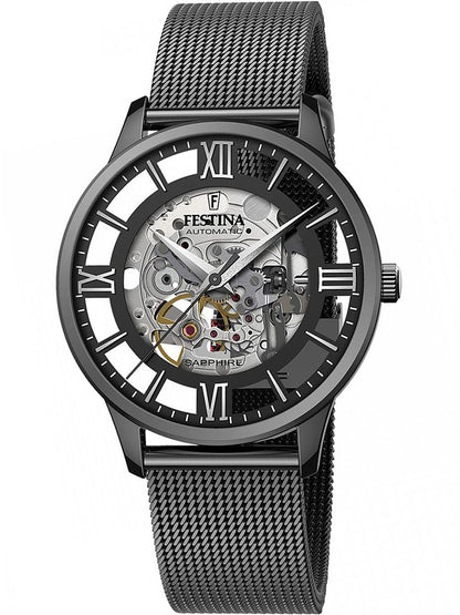 Festina Herrenuhr: schwarzes Ziffernblatt mit römischen Zahlen, Skelett-Mechanik und Mesharmband