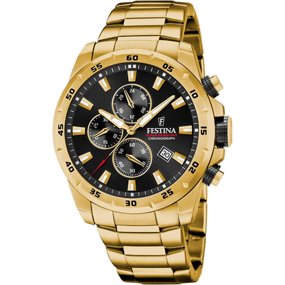 Herren-Chronograph: goldfarbenes Edelstahlband, schwarzes Zifferblatt mit Datumsfenster