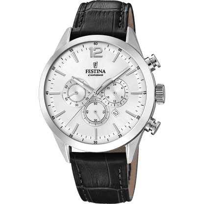 Festina Herrenuhr Chronograph mit silbernem Gehäuse, weißem Zifferblatt und schwarzem Lederband.
