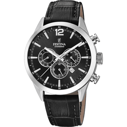 Herren-Chronograph mit schwarzem Zifferblatt, silbernem Edelstahlgehäuse und schwarzem Lederarmband