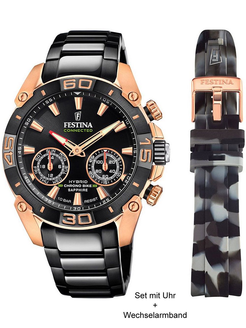 Herrenuhr mit schwarzem Zifferblatt, Roségold-Lünette, Chronograph-Subzifferblättern und Metallband