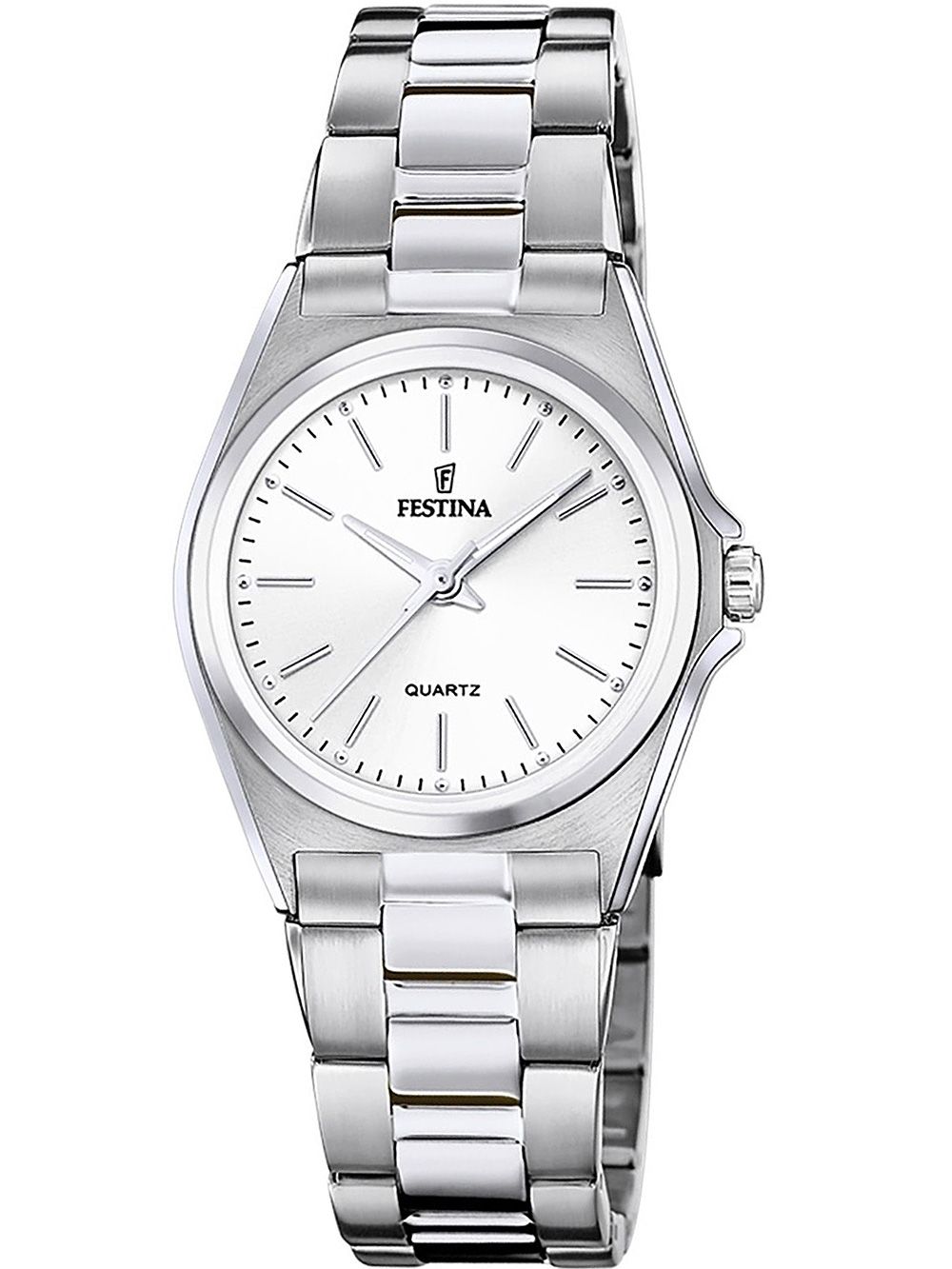 Damenuhr mit silbernem Edelstahlarmband und weißem Zifferblatt, Festina-Logo, Quarz