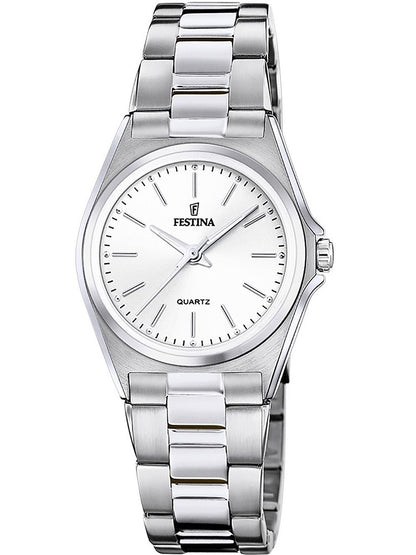 Damenuhr mit silbernem Edelstahlarmband und weißem Zifferblatt, Festina-Logo, Quarz