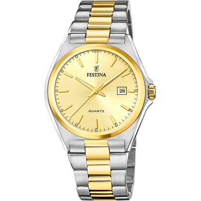 Herrenarmbanduhr Festina mit champagner Zifferblatt und Edelstahlarmband silber/gold, Datum