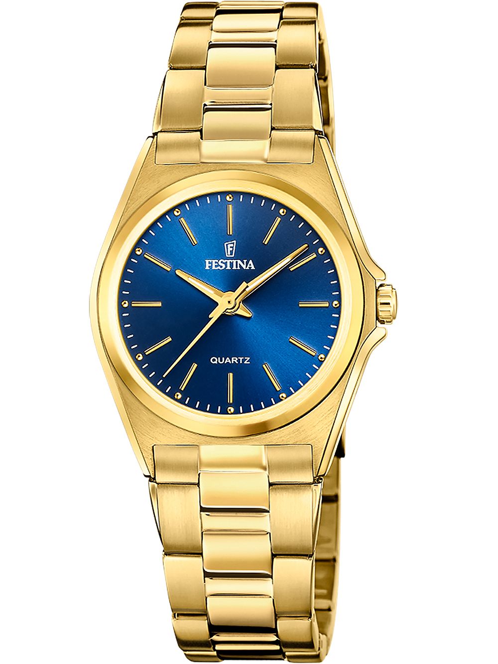 Festina Damenuhr: blaues Zifferblatt, goldfarbenes Edelstahlarmband, Quarz