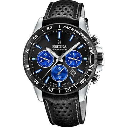 Festina Chronographen-Uhr mit schwarzem Lederarmband, schwarzem Zifferblatt und drei Hilfsziffern