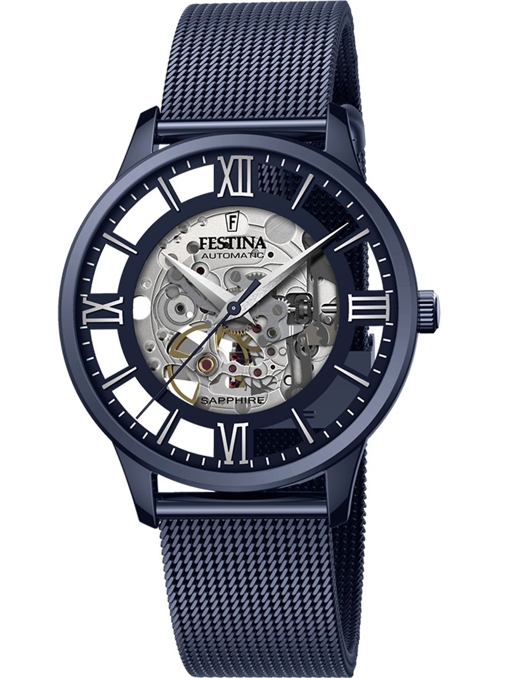 Herrenarmbanduhr Festina mit blauem Zifferblatt, römischen Zahlen, Meshband und Sichtwerk