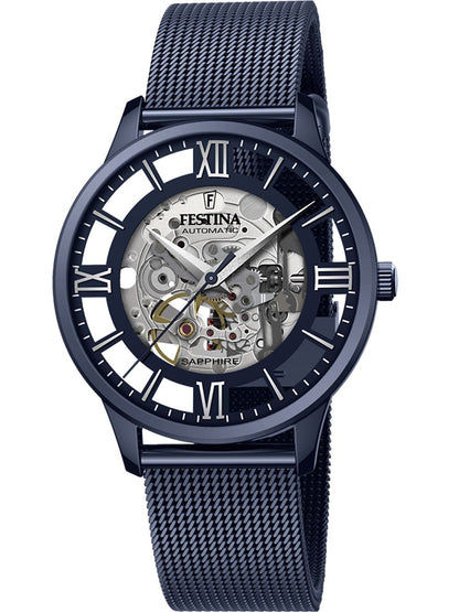 Herrenarmbanduhr Festina mit blauem Zifferblatt, römischen Zahlen, Meshband und Sichtwerk