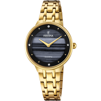 Festina Damenuhr mit goldfarbenem Metallarmband, schwarzem Zifferblatt und silbernen Indexen