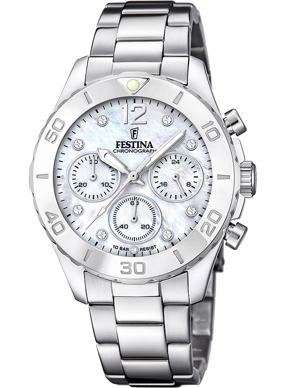 Festina Damenchronograph mit Perlmutt-Zifferblatt und Edelstahlgliederband
