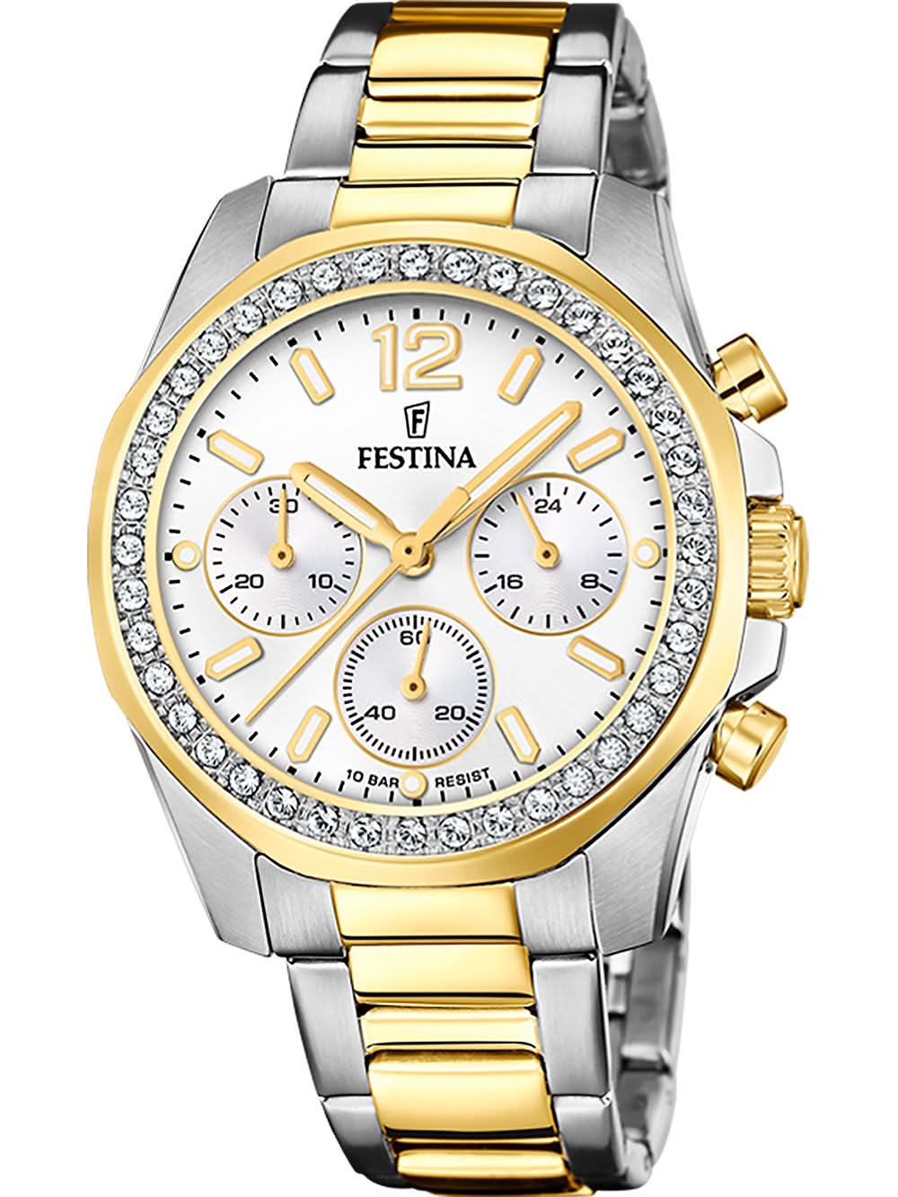 Festina Damenuhr mit Chronograph, silber-goldener Metallarmband, weißem Zifferblatt und Strass-Lünette