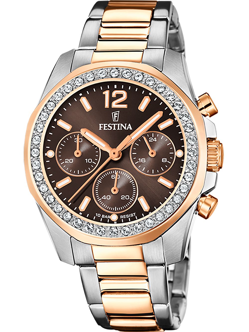 Festina Damenuhr, bicolor Edelstahl, braunes Zifferblatt mit Chronograph und Ziersteinen